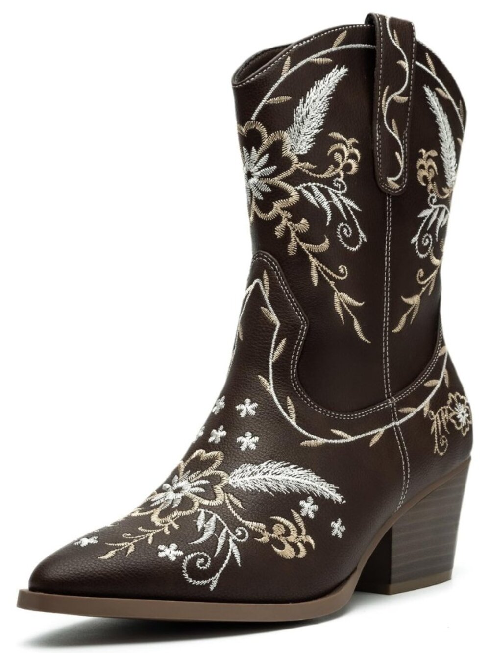 Womens Wide Calf Cowboy Boots, Western Cowgirl Mid Calf with Gold Embroidery